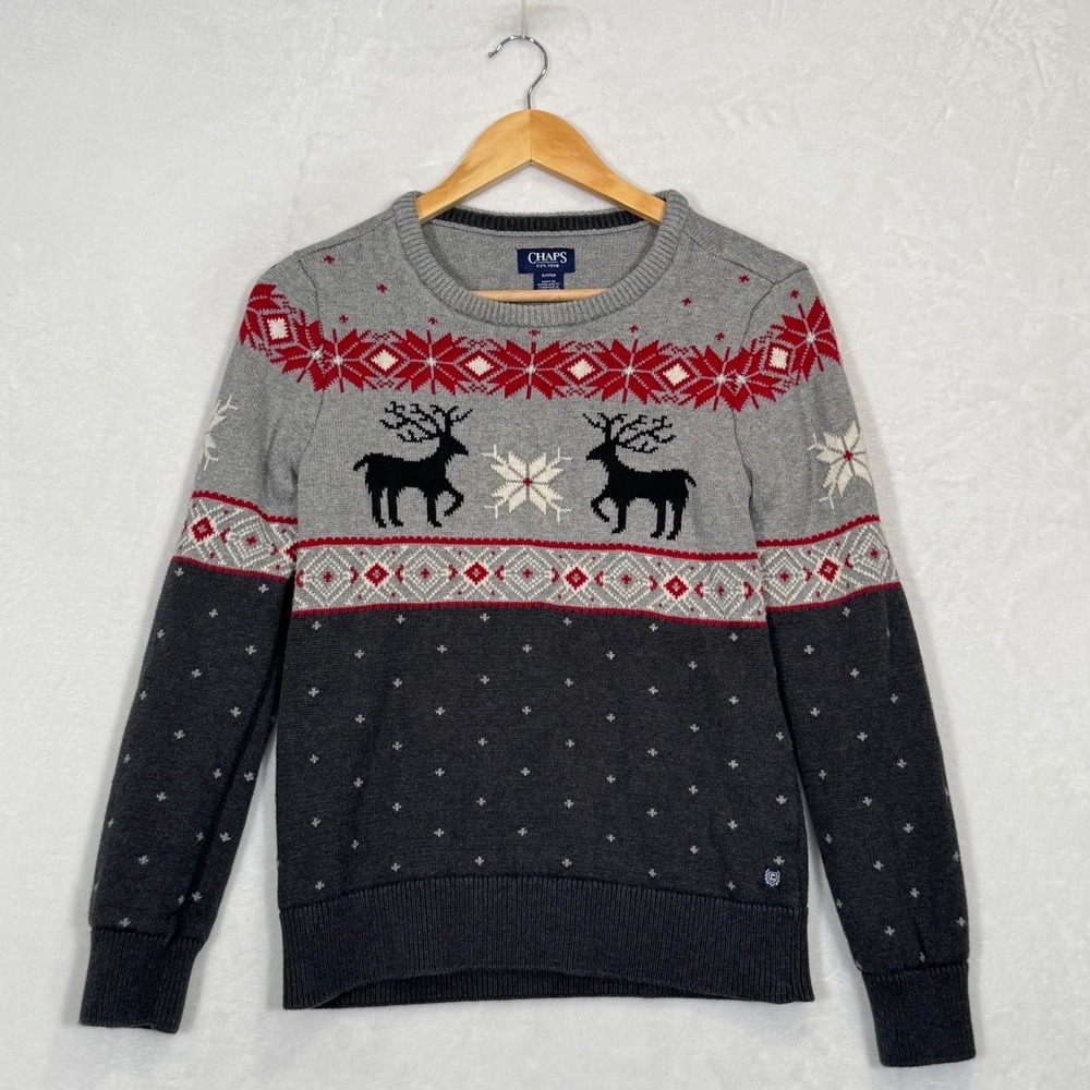 Chaps Grey Red Reindeer Fair Isle Holiday Crewneck Sweater Small